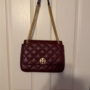 Tory Burch Quilted Burgundy Shoulder Bag with Gold Chain